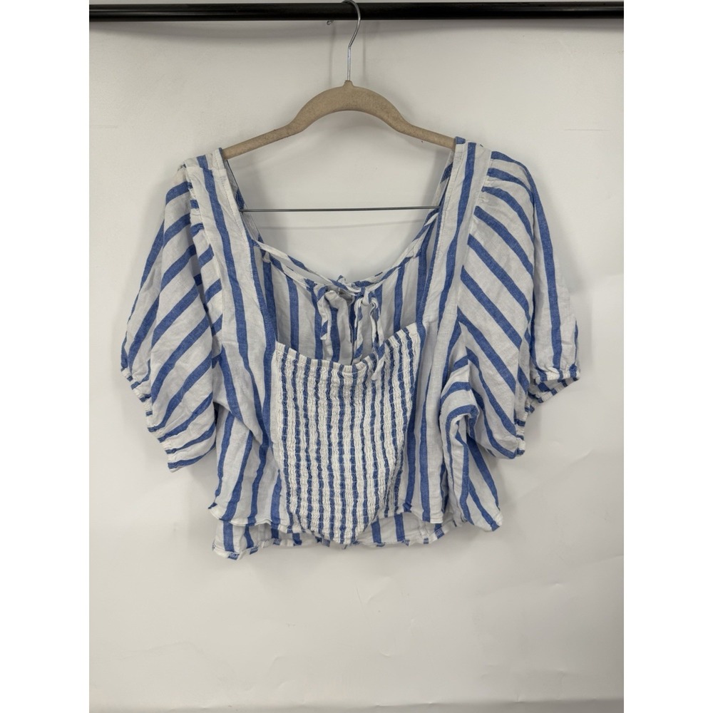 Torrid Plus Size Striped Crop Puff Shoulder Top Women 2X White Blue Preppy Beach - Picture 3 of 11